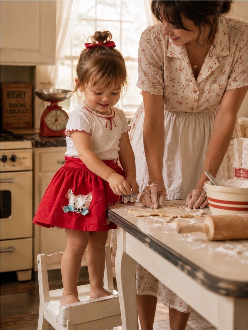 Vintage 60s Little Girl Red Apron with Kitten Appliqué Cat